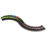 Candylab Roadworks 90-degree turn track expansion pack featuring two curved black toy racing tracks with colorful barriers.