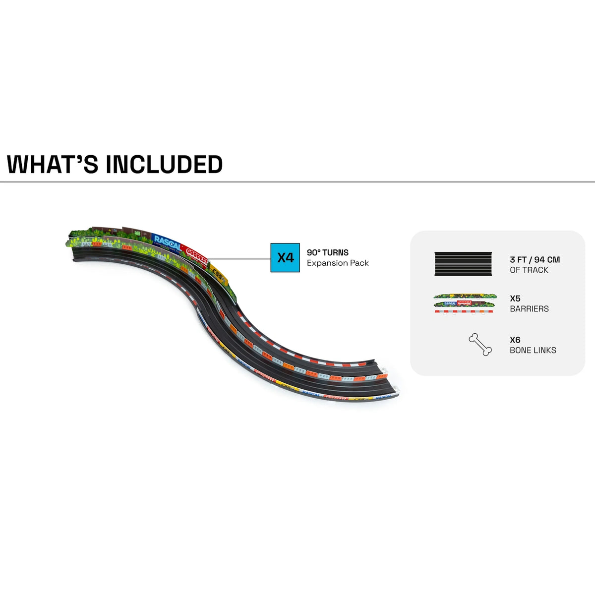 Candylab Roadworks 90-degree turn track expansion pack contents showing 3ft of track, 5 barriers, and 6 bone links.