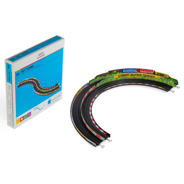 Candylab Roadworks 90-degree turn track expansion pack with packaging, featuring curved rubber toy race tracks.