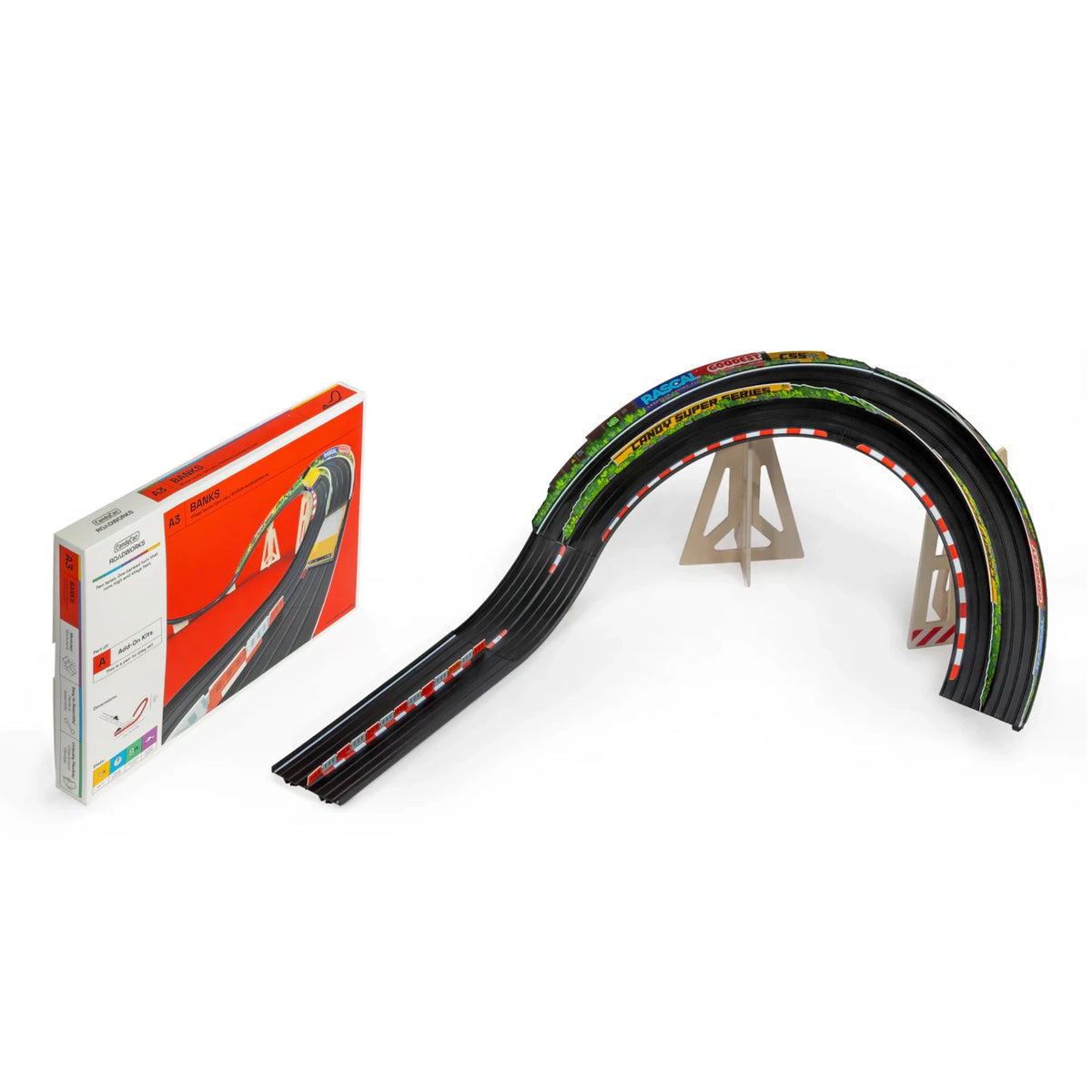 Candylab Roadworks Banks turn add-on kit with wooden supports and packaging box, featuring a curved two-lane toy race track.