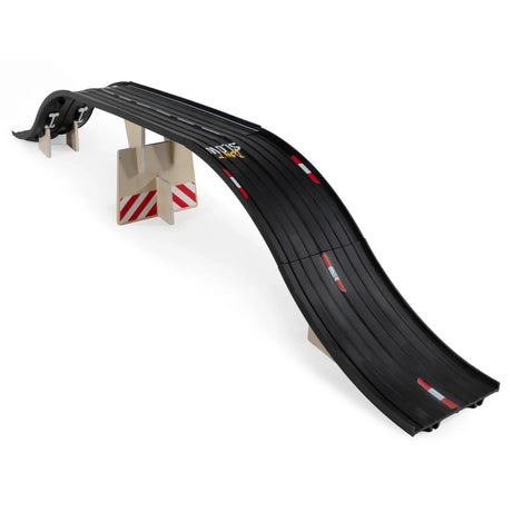 Candylab Roadworks Bridge add-on kit with black flexible rubber tracks and wooden support blocks for toy cars.