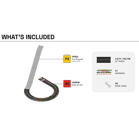 Candylab Roadworks Hairpin Turn A2 Add-On Kit contents: 4.6ft track, 7 barriers, and 8 bone links for P3 playset.