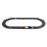 Candylab Roadworks Oval Speedway playset with two wooden toy cars racing on a black track with red and white barriers.