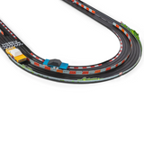 Candylab Roadworks Oval Speedway playset featuring a yellow and blue wooden toy car racing on a black curved track curve.