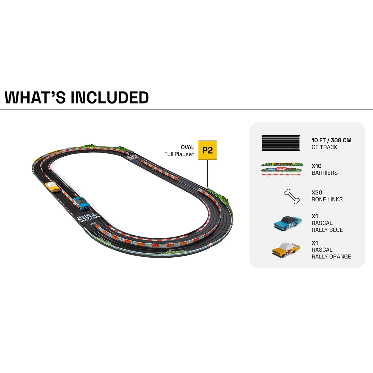 Candylab Roadworks Oval Speedway playset diagram showing 10ft track, 10 barriers, 20 bone links, and 2 toy rally cars.