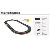 Candylab Roadworks Oval Speedway playset diagram showing 10ft track, 10 barriers, 20 bone links, and 2 toy rally cars.