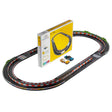 Candylab Roadworks Oval Speedway playset with two wooden toy cars, flexible track, and yellow product box.