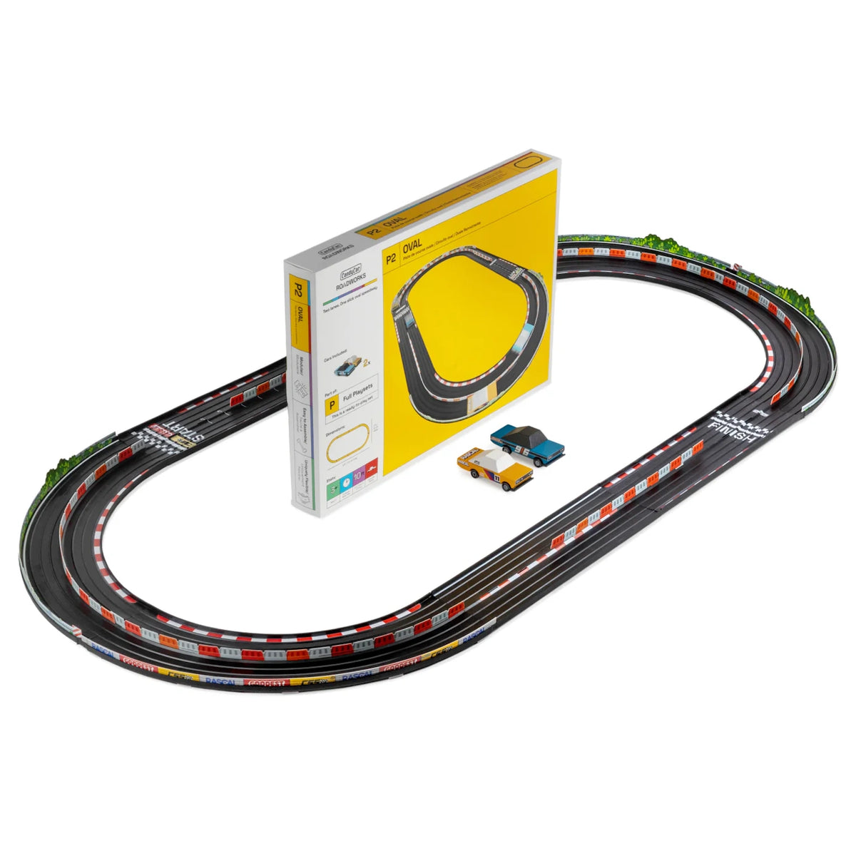 Candylab Roadworks Oval Speedway playset with two wooden toy cars, flexible track, and yellow product box.