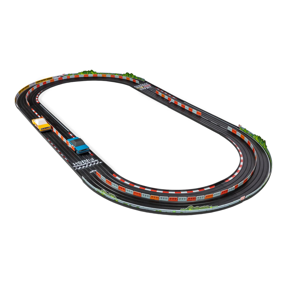 Candylab Roadworks Oval Speedway playset with wooden blue and yellow toy cars on a black racetrack with orange barriers.