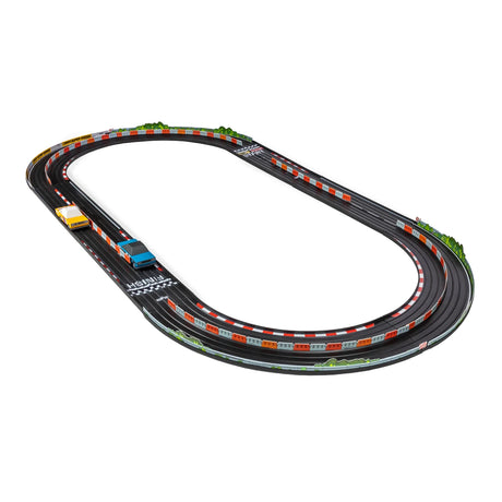 Candylab Roadworks Oval Speedway playset with wooden blue and yellow toy cars on a black racetrack with orange barriers.