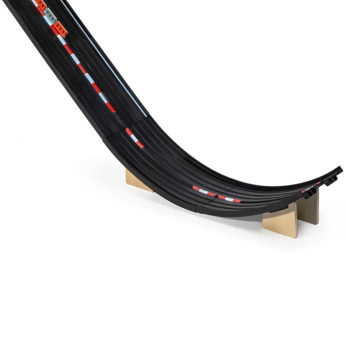 Candylab Roadworks Speed Playset curved black toy race track with wooden supports and red and white details.