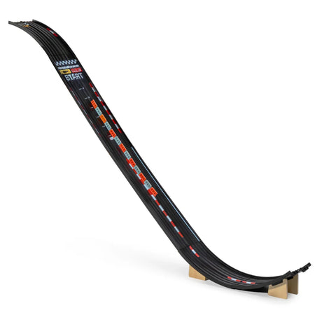Candylab Roadworks Speed Playset wooden toy race track ramp with checkered start line and colorful accents.