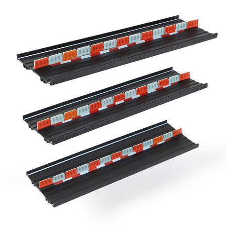 Candylab Roadworks straight track expansion pack featuring three black toy car tracks with orange and white safety barriers.