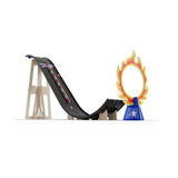 Candylab Roadworks Stunt Jump playset featuring a wooden ramp, black track, and a flaming hoop for toy cars.