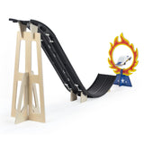 Rear view of Candylab Roadworks Stunt Jump wooden playset with a toy car jumping through a flaming hoop ring.
