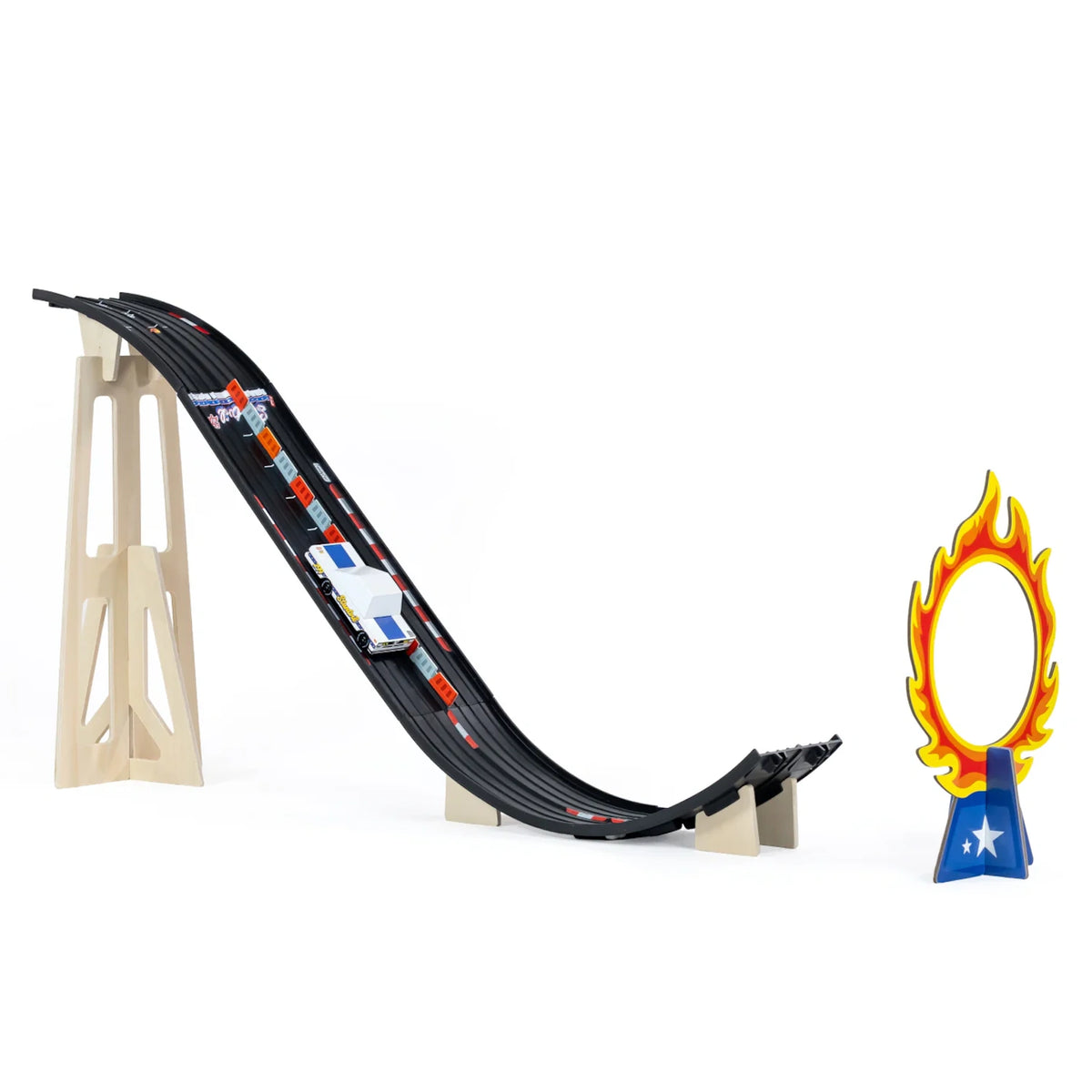Candylab Roadworks toy car on a black stunt ramp with a ring of fire obstacle, side angle view on white background.