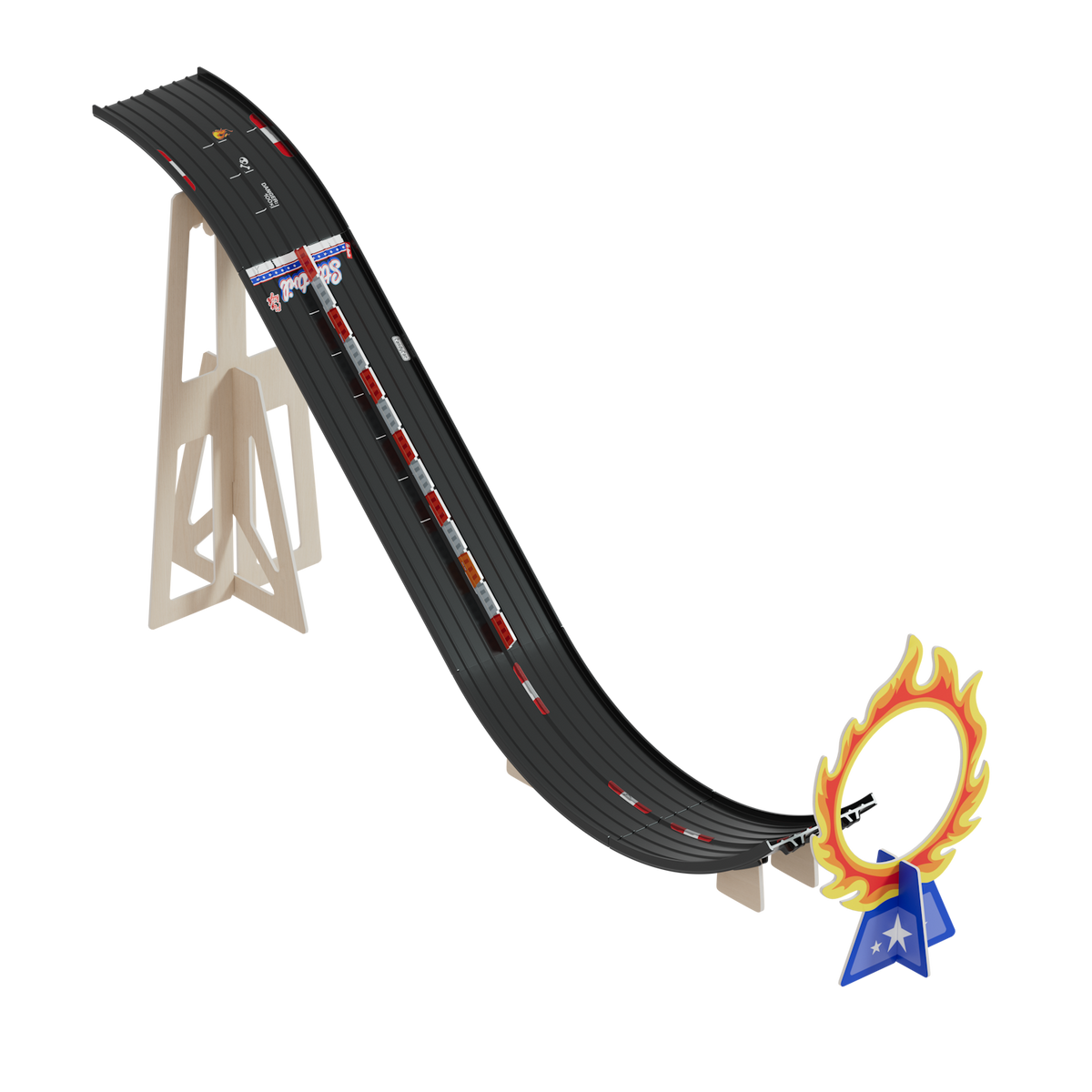 Top-down view of Candylab Roadworks Stunt Jump toy with wooden ramp supports and fire hoop on a white background.