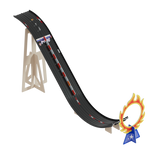 Top-down view of Candylab Roadworks Stunt Jump toy with wooden ramp supports and fire hoop on a white background.