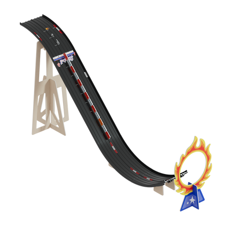 Top-down view of Candylab Roadworks Stunt Jump toy with wooden ramp supports and fire hoop on a white background.
