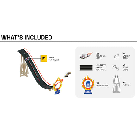 Candylab Roadworks Jump Full Playset diagram showing included car, track, ring of fire, pylon, bone links, and valley tabs.