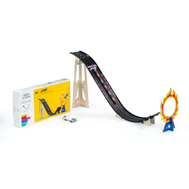 Candylab Roadworks Stunt Jump playset with wooden car ramp, toy car, flaming hoop, and product packaging box.