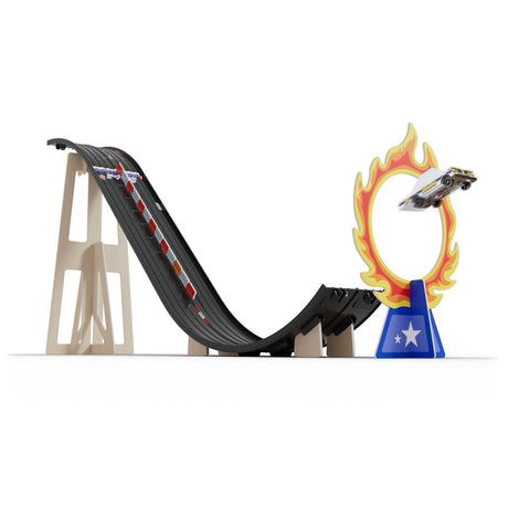 Candylab Roadworks Stunt Jump playset featuring a wooden ramp and a toy car leaping through a flaming hoop.