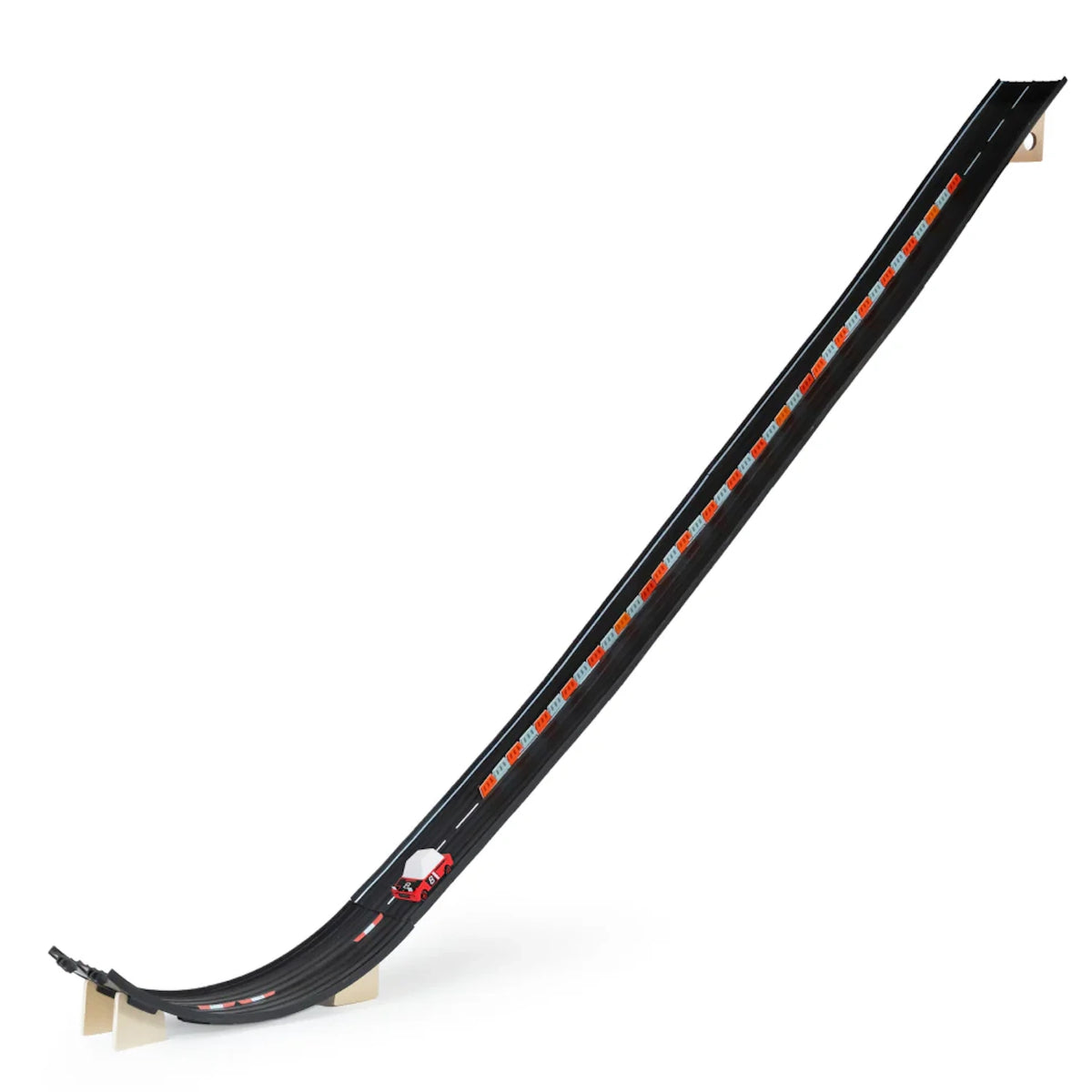 Candylab Roadworks Super Speed playset featuring a long black toy car ramp and a red wooden car on a white background.