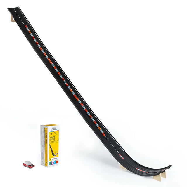 Candylab Roadworks Super Speed track with a red wooden toy car and its yellow and white product packaging box.