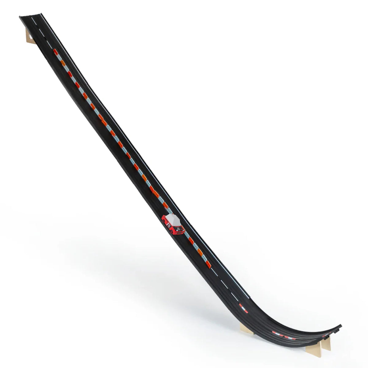 Candylab Roadworks Super Speed playset with a wooden toy car racing down a long, curved black track with orange barriers.