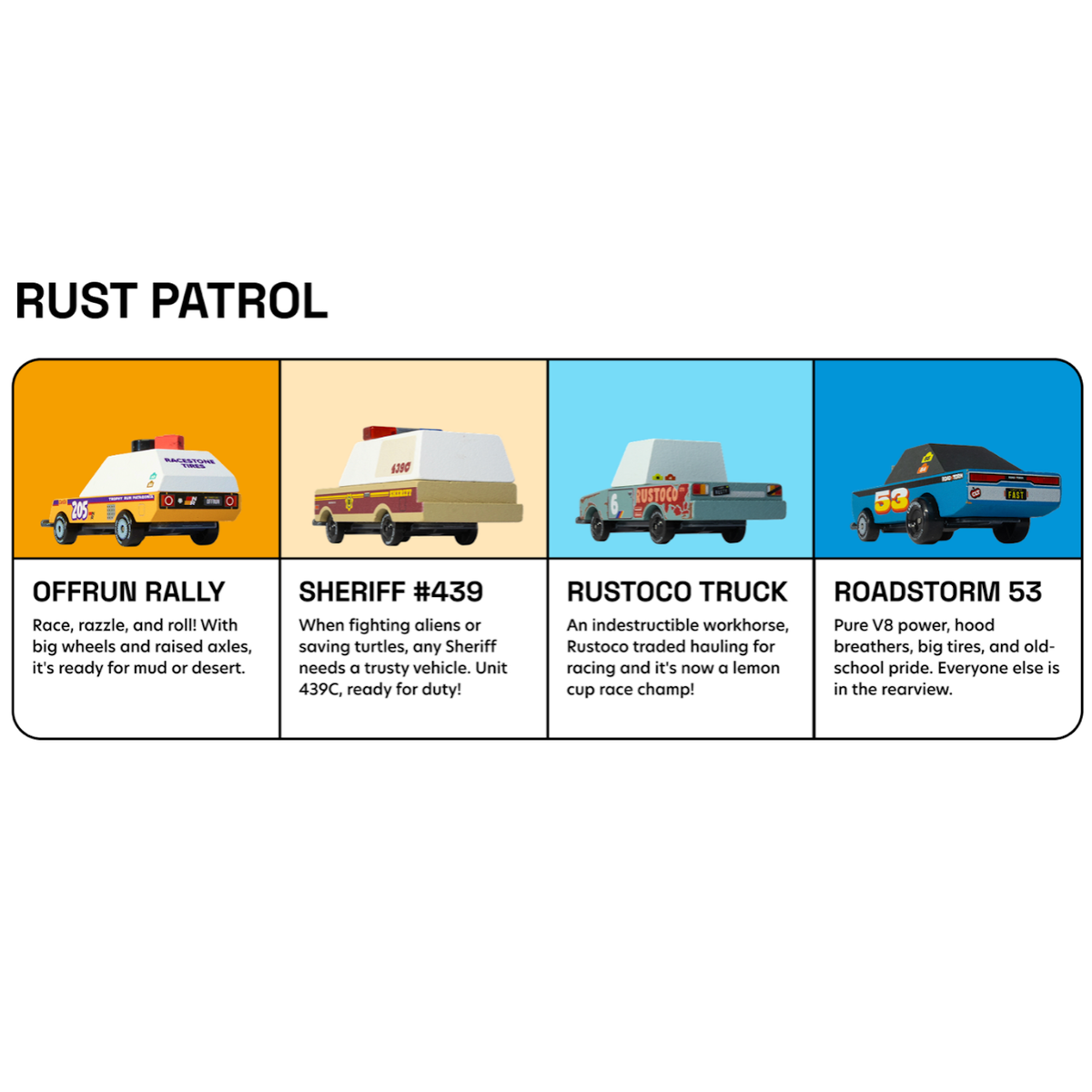 Candylab Toons Rust Patrol 4-pack featuring Offrun Rally, Sheriff #439, Rustoco Truck, and Roadstorm 53 wooden toy cars.