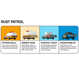 Candylab Toons Rust Patrol 4-pack featuring Offrun Rally, Sheriff #439, Rustoco Truck, and Roadstorm 53 wooden toy cars.