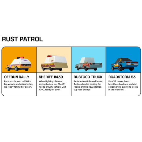Candylab Toons Rust Patrol 4-pack featuring Offrun Rally, Sheriff #439, Rustoco Truck, and Roadstorm 53 wooden toy cars.