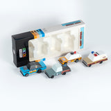 Four wooden Candylab Toons Rust Patrol toy cars in blue, grey, orange, and white, displayed with their retail box.