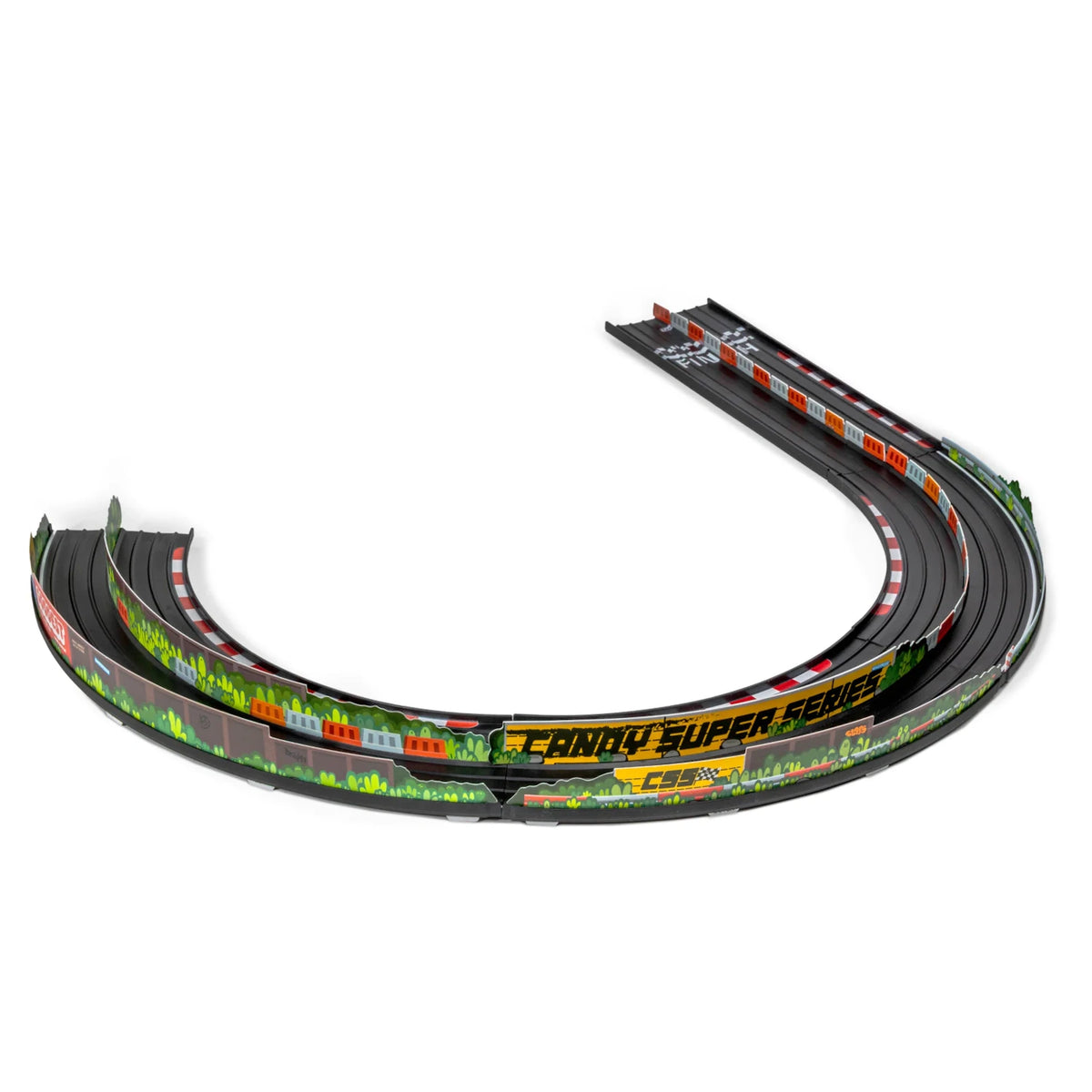 Candylab Roadworks Hairpin Turn add-on kit featuring a curved black toy race track with colorful guardrails and barriers.