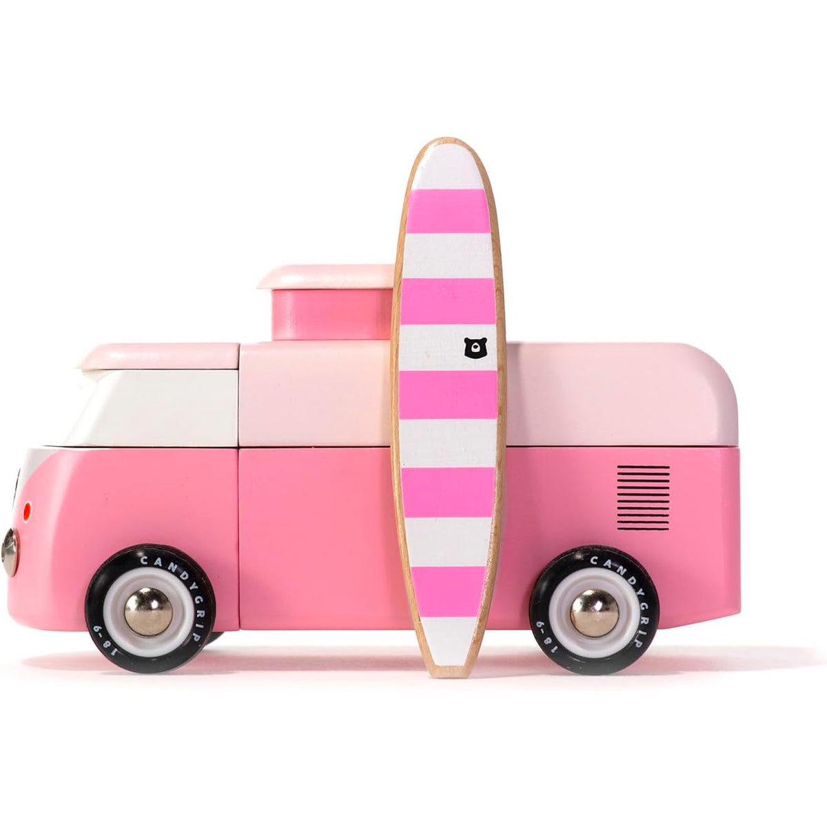 Pink wooden toy beach bus van with a pink and white striped surfboard.