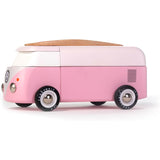 Pink wooden Candylab VW beach bus toy with surfboard.