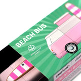 Candylab pink wooden Beach Bus toy inside its green Volkswagen officially licensed product packaging.