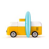 Yellow and white wooden toy beach bus with a blue striped surfboard on a white background