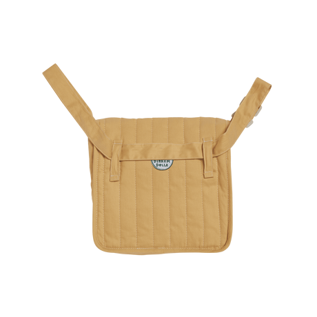 Back view of a honey yellow quilted convertible doll changing bag with adjustable straps.