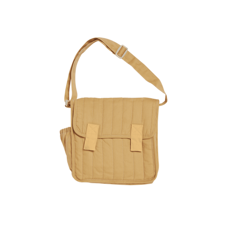 Honey-colored quilted convertible diaper changing bag with adjustable shoulder strap.