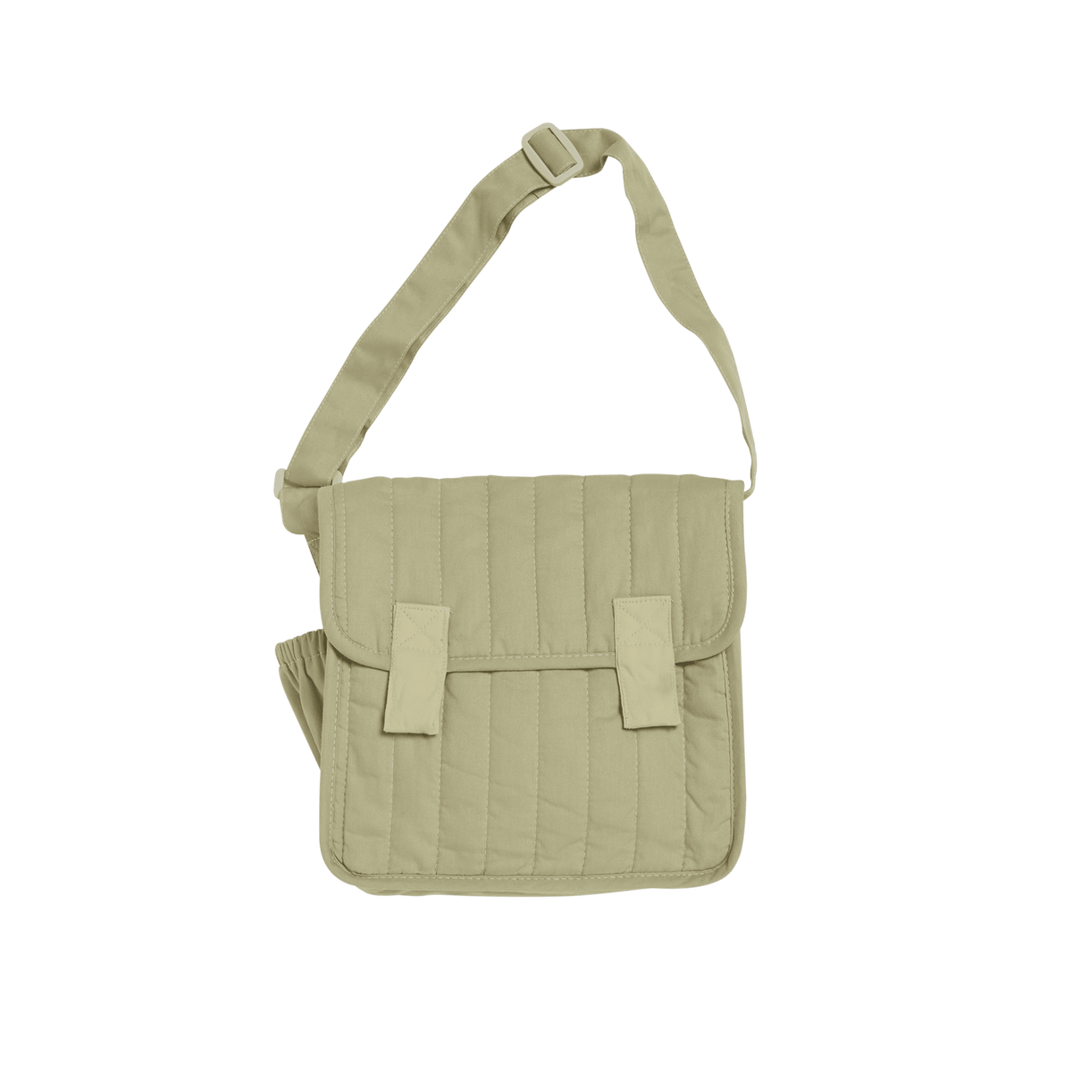 Sage green quilted convertible diaper changing messenger bag with adjustable shoulder strap.