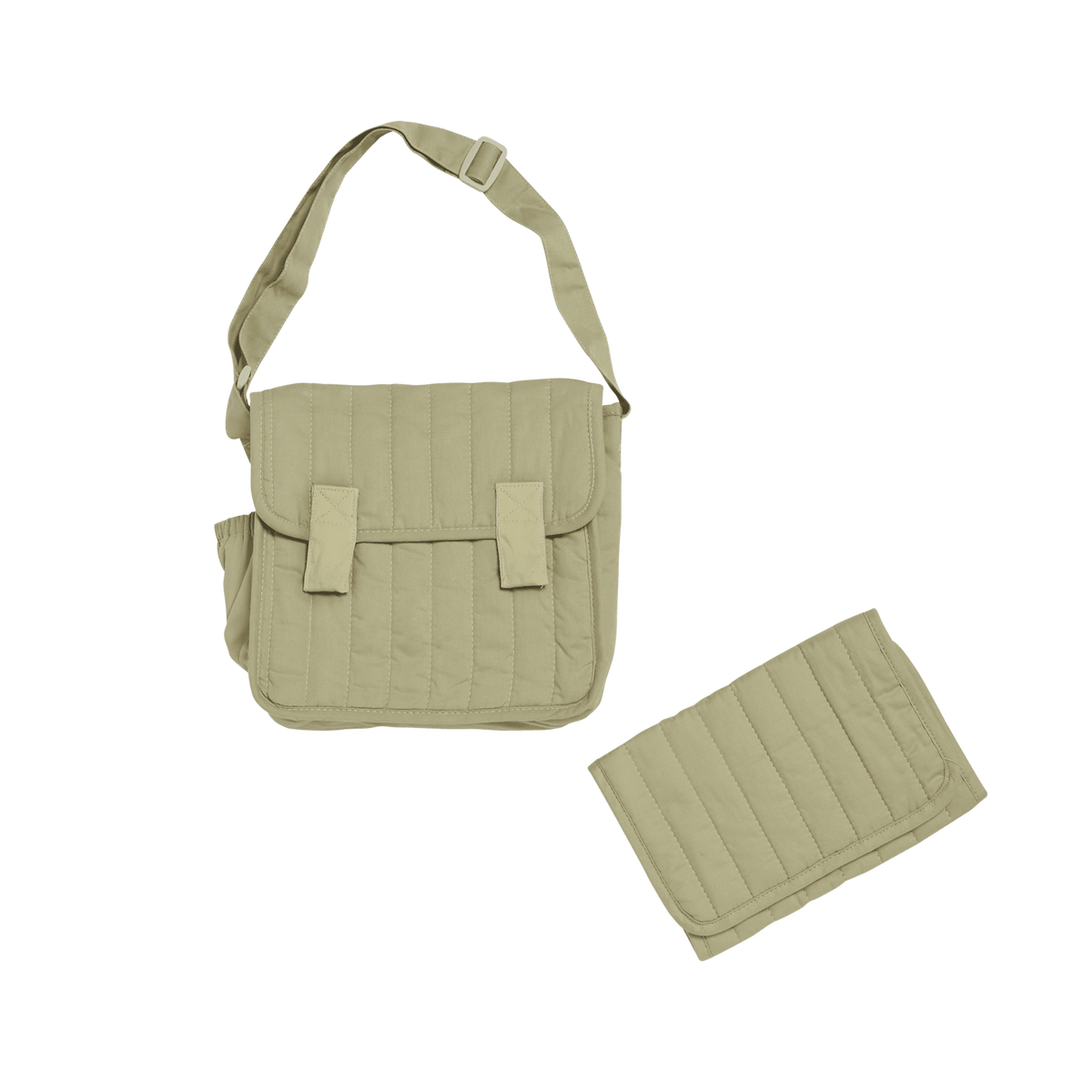 Sage green quilted convertible diaper bag and matching changing mat set.