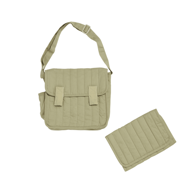 Sage green quilted convertible diaper bag and matching changing mat set.