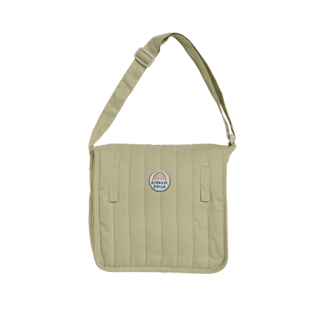 Sage green quilted Dinkum Dolls Carrie convertible changing bag with shoulder strap.