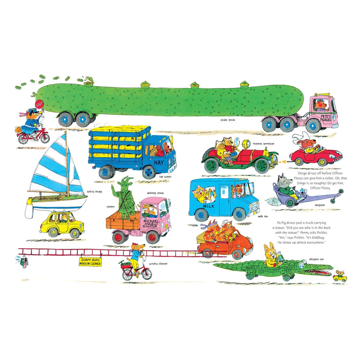 Richard Scarry illustration of whimsical vehicles, including a pickle truck, hay wagon, milk van, and alligator car.