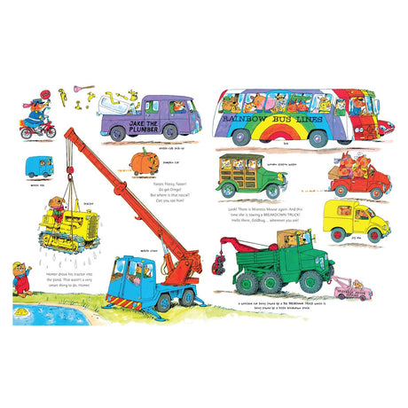 Richard Scarry children's book illustration featuring a rainbow bus, mobile crane, and various whimsical animal vehicles.