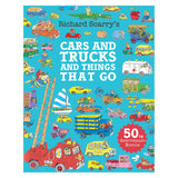 Book cover for "Cars and Trucks and Things That Go" by Richard Scarry, 50th Anniversary Edition with colorful vehicles.