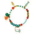 Hanae cat collection beaded charm bracelet with enamel cat face fish and tassel pendants in teal red and gold.