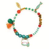 Hanae cat collection beaded charm bracelet with enamel cat face fish and tassel pendants in teal red and gold.