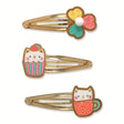 Cat themed hair clip set with flower, cupcake cat and teacup cat designs on gold snap clips.